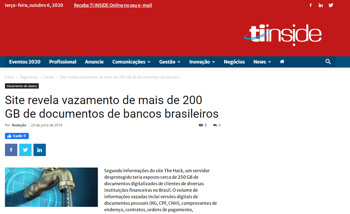 Site revela vazamento de mais de 200 Giga de documentos de bancos brasileiros